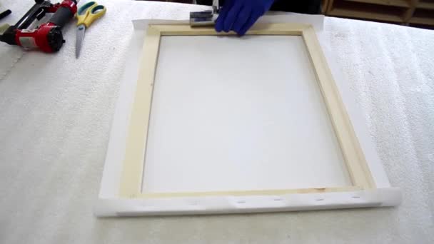 Stretching Canvas Wooden Frame Picture — Stock Video