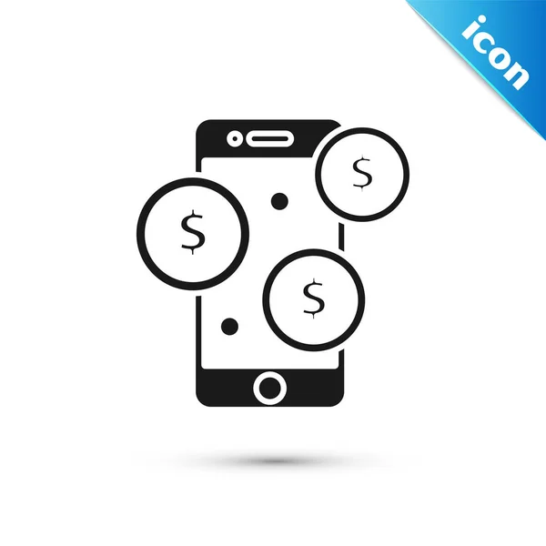 Zwarte smartphone met dollar symbool pictogram geïsoleerd op witte achtergrond. Online Shopping concept. Pictogram voor financiële mobiele telefoon. Online betaling. Vector illustratie — Stockvector