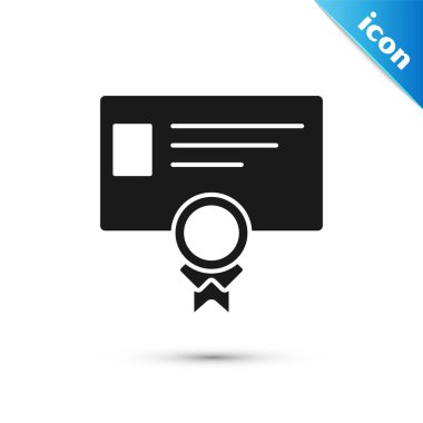 Siyah Sertifika şablon simgesi beyaz arka planda yalıtılmış. Başarı, ödül, derece, hibe, diploma kavramları. İş başarı belgesi. Vektör İllüstrasyonu