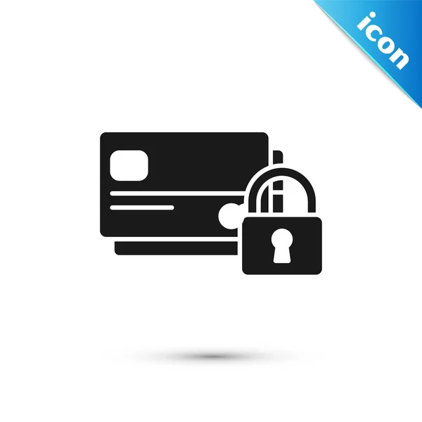 Tarjeta de crédito negra con icono de bloqueo aislado sobre fondo blanco. Tarjeta bancaria bloqueada. Seguridad, seguridad, concepto de protección. Concepto de pago seguro. Ilustración vectorial — Vector de stock