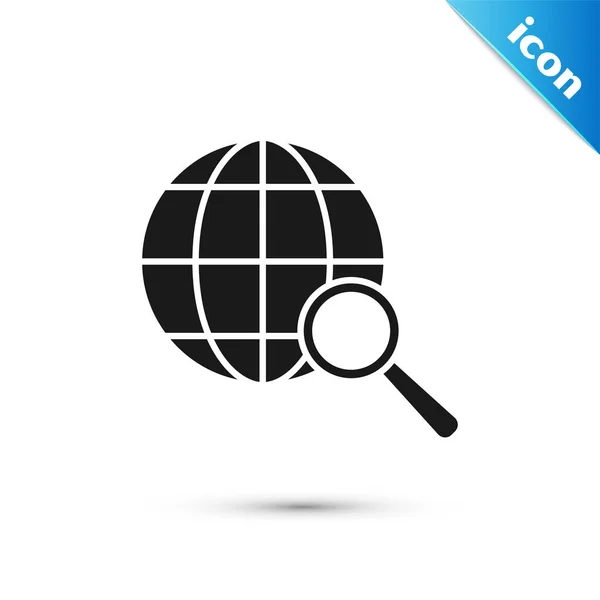 Schwarze Lupe mit Weltkugelsymbol auf weißem Hintergrund. Analyse der Welt. globales Suchzeichen. Vektorillustration — Stockvektor