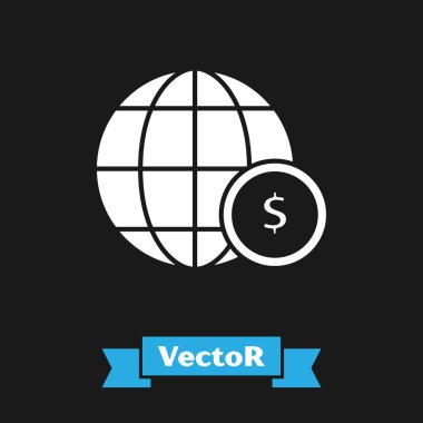 Siyah arka planda izole dolar sembolü simgesi ile Beyaz Dünya küre. Dünya veya Dünya işareti. Küresel internet sembolü. Geometrik şekiller. Vektör İllüstrasyonu