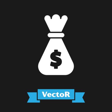 Beyaz Para çanta simgesi siyah arka plan üzerinde izole. Dolar veya Usd sembolü. Nakit Bankacılık para birimi işareti. Vektör İllüstrasyonu