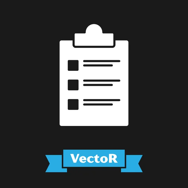 Portapapeles blanco con icono de lista de verificación aislado sobre fondo negro. Símbolo de lista de control. Encuesta o formulario de respuesta al cuestionario. Ilustración vectorial — Vector de stock