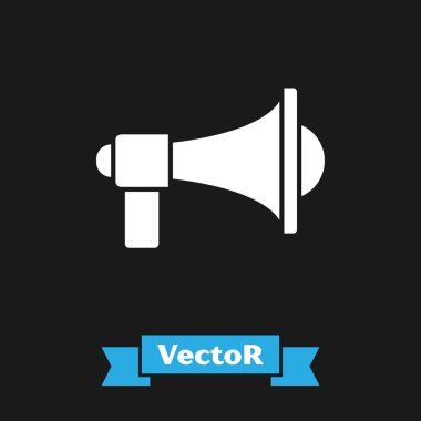 Beyaz Megafon simgesi siyah arka plan üzerinde izole. Yüksek sesli konuşma uyarısı kavramı. Sözcü için Bullhorn çığlık promosyon. Vektör İllüstrasyonu