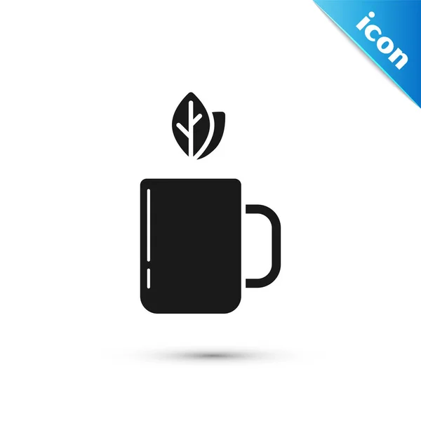Black Cup of tea and leaf icon isolated on white background. Vector Illustration — Stock Vector