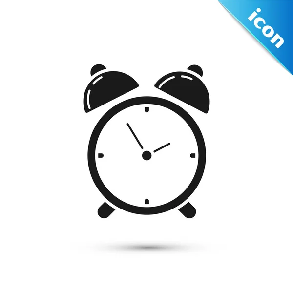 Icono de despertador negro aislado sobre fondo blanco. Despierta, levántate concepto. Señal de tiempo. Ilustración vectorial — Vector de stock