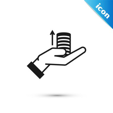 Eldeki Kara Para simgesi beyaz arka planda yalıtılmış. Palm ok yukarı nakit tutar. Nakit maaş artışı. Yükselen fiyatlar. Vektör İllüstrasyonu