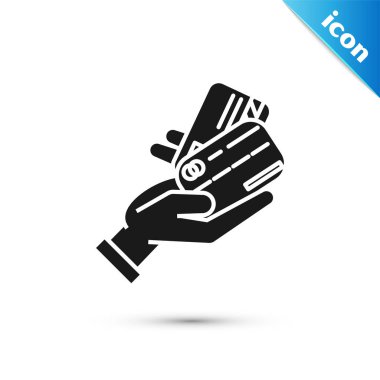 Beyaz arka planda izole edilmiş kredi kartı ikonu olan siyah insan eli. Çevrimiçi ödeme. Kartla öde. Finansal operasyonlar. Vektör İllüstrasyonu