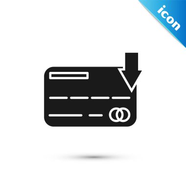 Siyah kredi kartı simgesi beyaz arkaplanda izole edildi. Çevrimiçi ödeme. Nakit çekilmesi. Finansal operasyonlar. Alışveriş tabelası. Vektör İllüstrasyonu