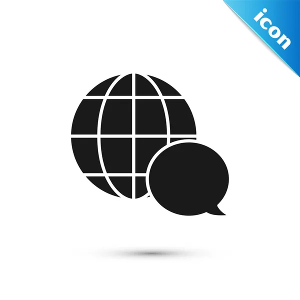 Mapa de Black World hecho con el icono de la burbuja del habla aislado sobre fondo blanco. Esquema de comunicación global en la Tierra. Ilustración vectorial — Vector de stock