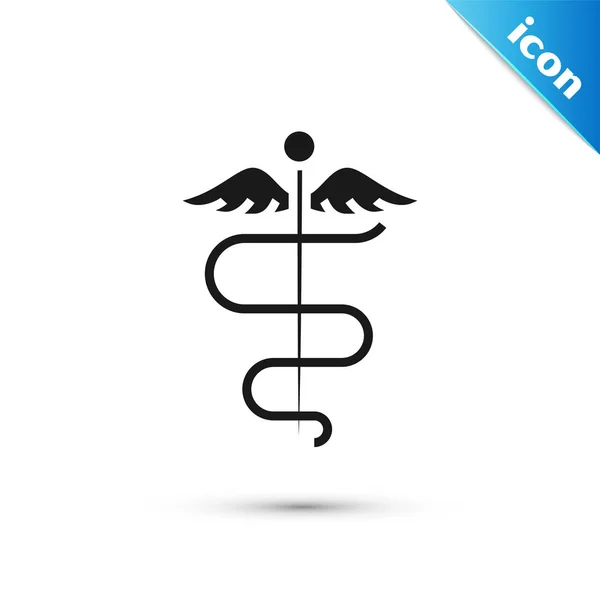 Caduceus preto ícone símbolo médico cobra isolado no fundo branco. Medicina e cuidados de saúde. Emblema para farmácia ou medicina, farmácia. Ilustração vetorial — Vetor de Stock