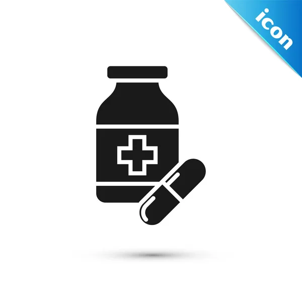 Zwarte geneeskunde fles en pillen pictogram geïsoleerd op witte achtergrond. Fles pil teken. Apotheek ontwerp. Vector illustratie — Stockvector