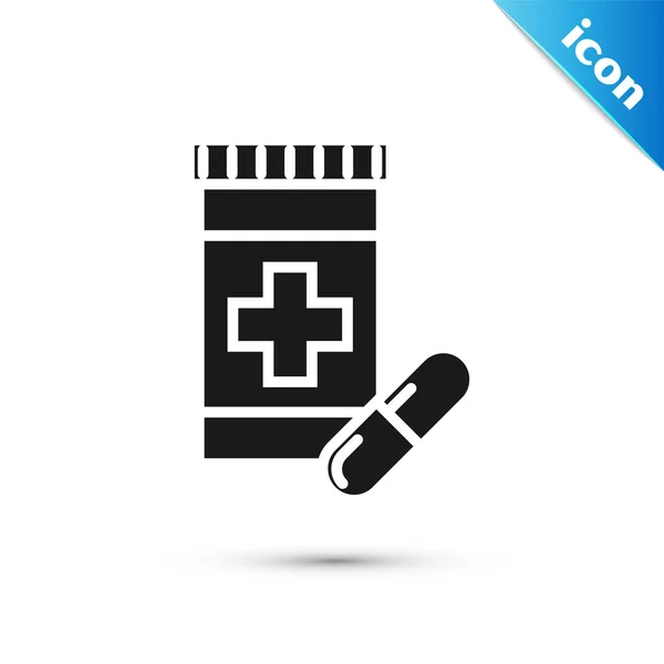 Zwarte geneeskunde fles en pillen pictogram geïsoleerd op witte achtergrond. Fles pil teken. Apotheek ontwerp. Vector illustratie — Stockvector