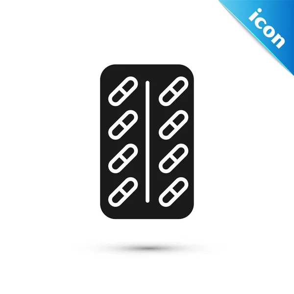 Black Pills w opakowaniu blistra ikona na białym tle. Pakiet leków medycznych dla tabletek witaminy, antybiotyk, Aspirin. Ilustracja wektorowa — Wektor stockowy