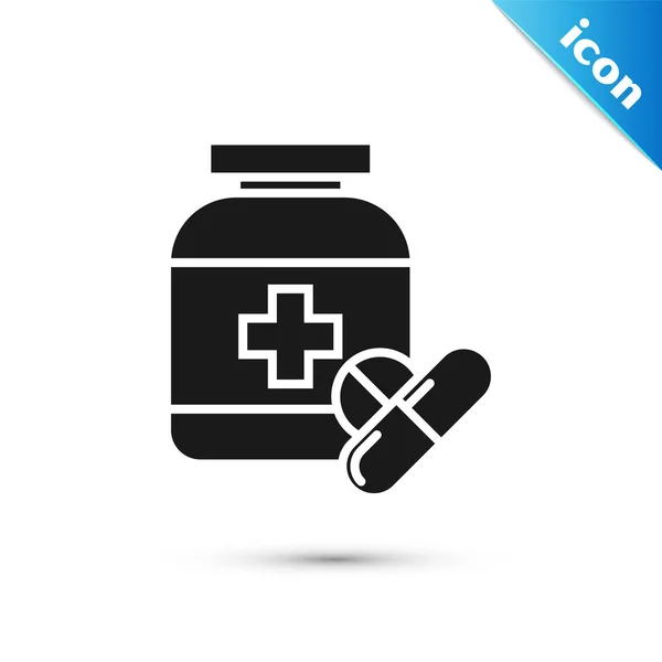 Black Medicine bottle and pills icon isolated on white background. Bottle pill sign. Pharmacy design. Vector Illustration — Stock Vector