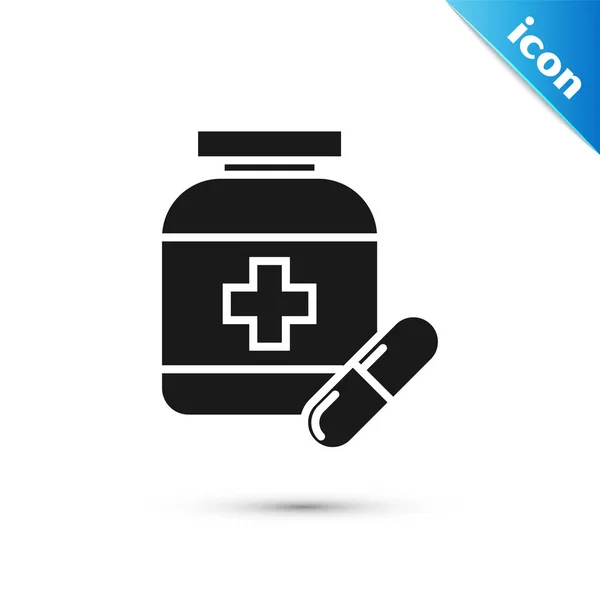 Μαύρο φάρμακο μπουκάλι και χάπια εικονίδιο απομονωθεί σε λευκό φόντο. Πινακίδα με χάπι φιάλης. Σχέδιο φαρμακευτικής. Απεικόνιση διανυσματικών φορέων — Διανυσματικό Αρχείο