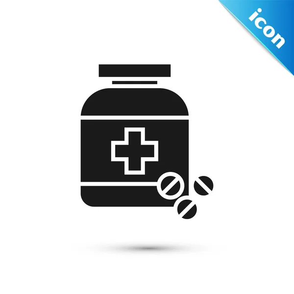 Μαύρο φάρμακο μπουκάλι και χάπια εικονίδιο απομονωθεί σε λευκό φόντο. Πινακίδα με χάπι φιάλης. Σχέδιο φαρμακευτικής. Απεικόνιση διανυσματικών φορέων — Διανυσματικό Αρχείο