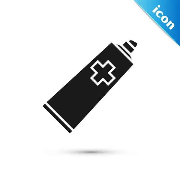 Ícone de medicina creme pomada preta tubo isolado no fundo branco. Tubo, recipiente, pasta de dentes, sinal de creme. Ilustração vetorial — Vetor de Stock