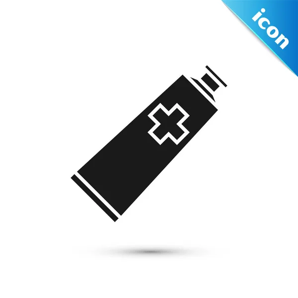 Ícone de medicina creme pomada preta tubo isolado no fundo branco. Tubo, recipiente, pasta de dentes, sinal de creme. Ilustração vetorial — Vetor de Stock