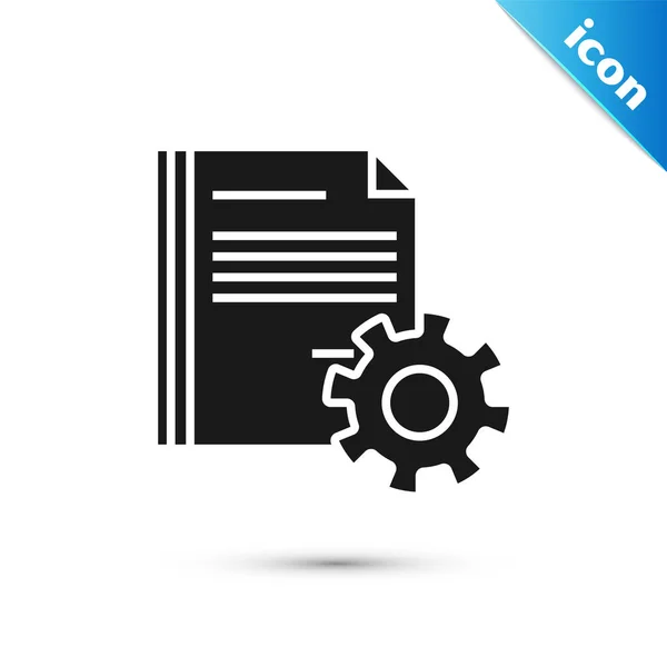 Black Document settings with gears icon isolated on white background. Software update, transfer protocol, teamwork tool management. Vector Illustration — Stock Vector