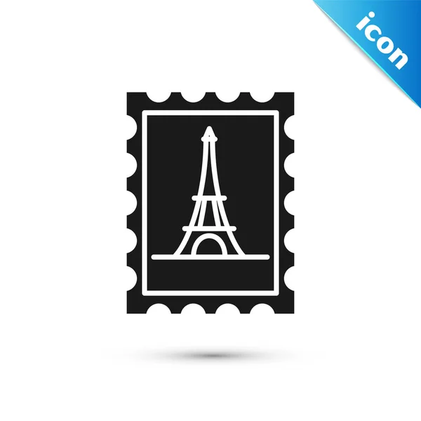 Carimbo postal preto e ícone da torre Eiffel isolado no fundo branco. Ilustração vetorial — Vetor de Stock