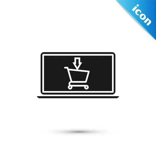 Zwart Winkelwagen op scherm laptop pictogram geïsoleerd op witte achtergrond. Concept e-commerce, e-business, online business marketing. Vector Illustratie — Stockvector