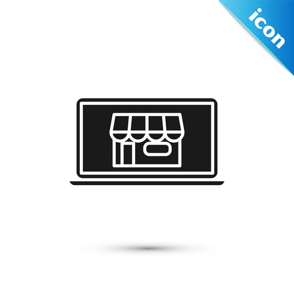 Zwart winkel gebouw op het scherm laptop pictogram geïsoleerd op witte achtergrond. Concept e-commerce, e-business, Online Business marketing. Vector illustratie — Stockvector