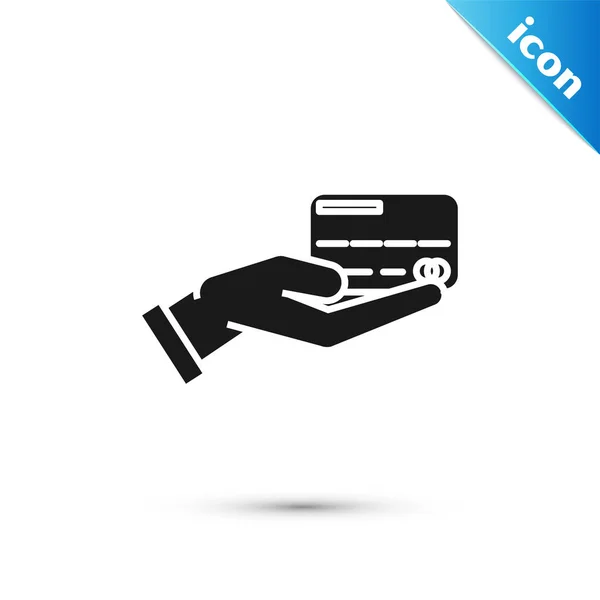 Mão humana preta segurando com ícone de cartão de crédito isolado no fundo branco. Pagamento online. Pagar com cartão. Operações financeiras. Ilustração vetorial — Vetor de Stock