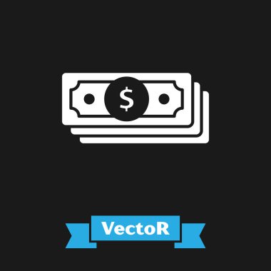 White Stacks kağıt para ikonu siyah arka planda izole. Para desteleri. Para birimi. Vektör İllüstrasyonu