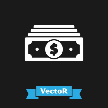 White Stacks kağıt para ikonu siyah arka planda izole. Para desteleri. Para birimi. Vektör İllüstrasyonu