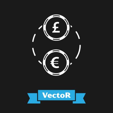 Beyaz Para döviz simgesi siyah arka plan üzerinde izole. Euro ve Pound Sterling nakit transfer sembolü. Bankacılık para birimi işareti. Vektör İllüstrasyonu