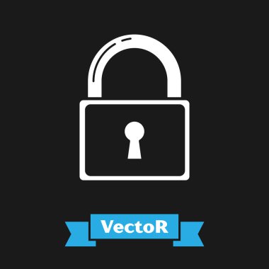 Beyaz Kilit simgesi siyah arkaplanda izole edildi. Asma kilit işareti. Güvenlik, güvenlik, koruma, gizlilik kavramı. Vektör İllüstrasyonu