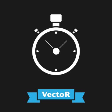 Siyah arkaplanda beyaz kronometre simgesi izole edildi. Zaman göstergesi. Kronometre işareti. Vektör İllüstrasyonu