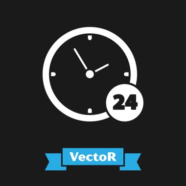 Beyaz Saat 24 saat simgesi siyah arkaplanda izole edildi. Tüm gün döngü simgesi. 24 saat hizmet sembolü. Vektör İllüstrasyonu
