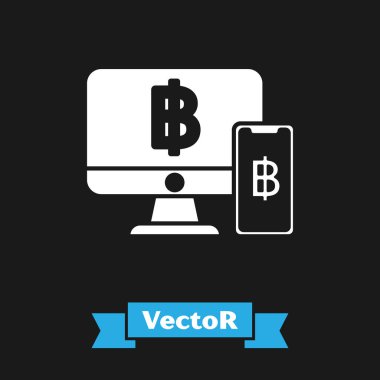 Siyah arka planda izole cep telefonu ve bitcoin simgesi ile Beyaz Bilgisayar monitör. Online alışveriş konsepti. İnternettekazanç. Vektör İllüstrasyonu