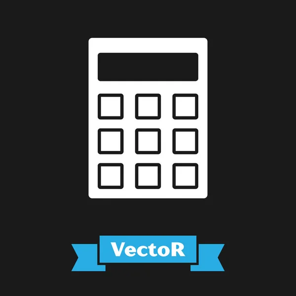 Icono de la calculadora blanca aislado sobre fondo negro. Símbolo contable. Cálculos de negocio matemáticas educación y finanzas. Ilustración vectorial — Vector de stock