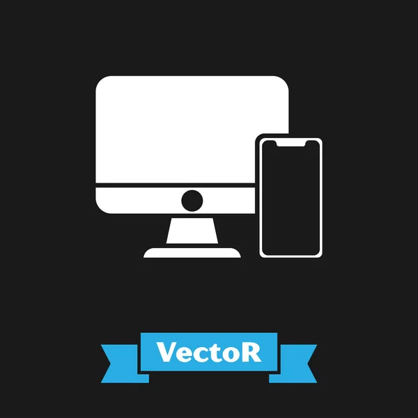 Weißer Computermonitor und Handy-Symbol isoliert auf schwarzem Hintergrund. Erträge im Internet, Marketing. Vektorillustration — Stockvektor