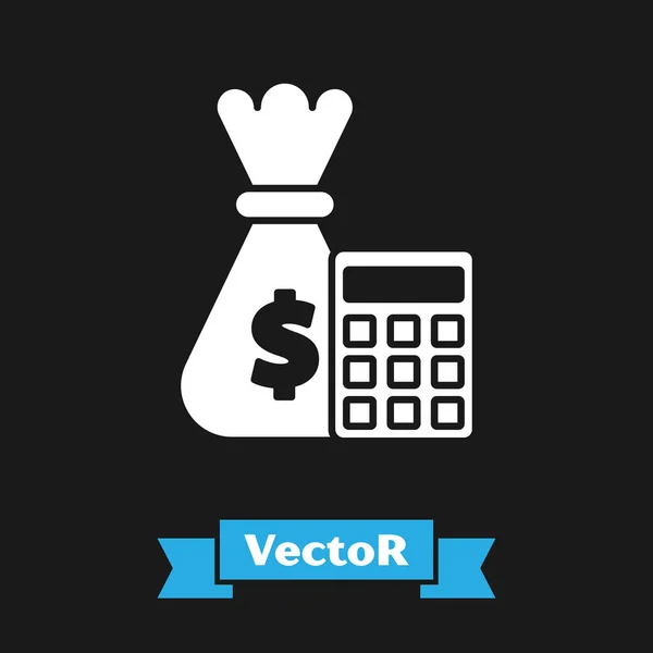 Calculadora blanca con icono de bolsa de dinero aislado sobre fondo negro. Signo contable. Calcule el símbolo financiero. Ilustración vectorial — Vector de stock