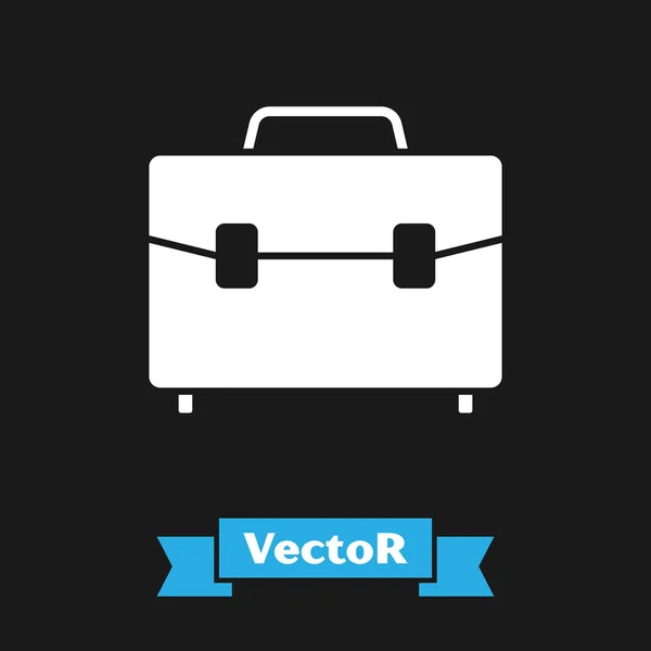 Icono del maletín blanco aislado sobre fondo negro. Firma del caso. Portafolio empresarial. Ilustración vectorial — Vector de stock