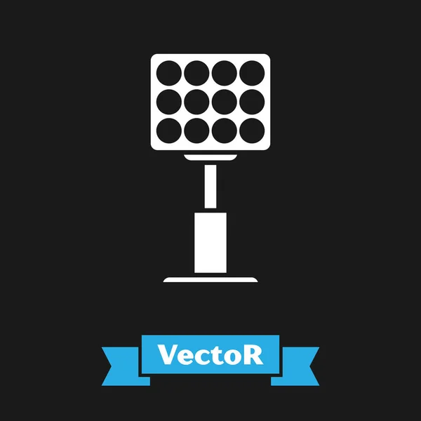 Blanco Icono de luces del estadio brillante aislado sobre fondo negro. Foco en un campo de fútbol. Proyector, proyector de luz. Ilustración vectorial — Vector de stock