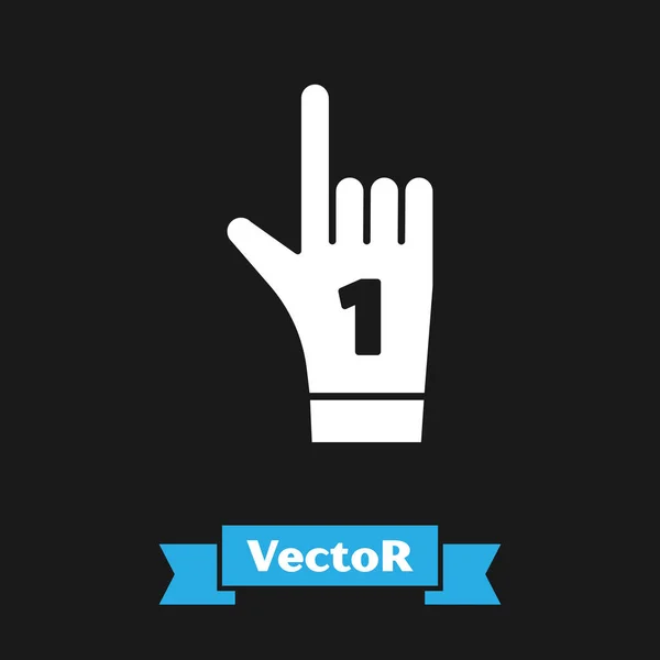 Branco Número 1 uma luva de mão ventilador com dedo levantado ícone isolado no fundo preto. Símbolo de apoio de equipa em competições. Ilustração vetorial — Vetor de Stock