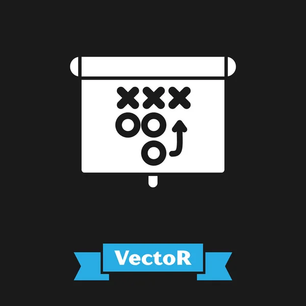 Weiße Planungsstrategie-Ikone isoliert auf schwarzem Hintergrund. Fußball oder American Football Cup Formation und Taktik. Vektorillustration — Stockvektor