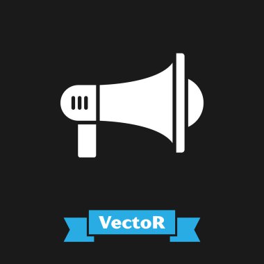 Beyaz Megafon simgesi siyah arka plan üzerinde izole. Yüksek sesli konuşma uyarısı kavramı. Sözcü için Bullhorn çığlık promosyon. Vektör İllüstrasyonu