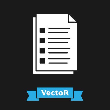 Beyaz Dosya belgesi simgesi siyah arkaplanda izole edildi. Kontrol listesi simgesi. İş konsepti. Vektör İllüstrasyonu