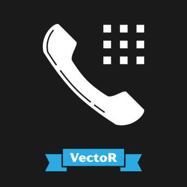 Siyah arka planda yalıtılmış beyaz telefon ahize simgesi. Telefon tabelası. Vektör İllüstrasyonu