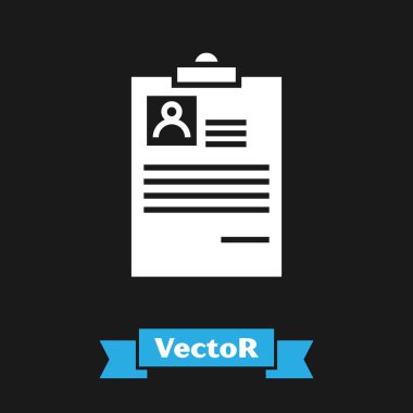 Özgeçmiş simgesi siyah arka planda yalıtılmış olan Beyaz Pano. Cv başvurusu. Özgeçmiş, profil fotoğrafı ile iş başvuru formu. Vektör İllüstrasyonu