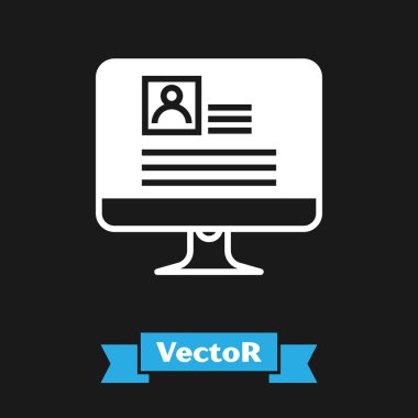 Siyah arka planda izole edilmiş özgeçmiş simgesine sahip Beyaz Bilgisayar monitörü. Cv başvurusu. Profesyonel personel aranıyor. Analiz personel devam. Vektör İllüstrasyonu