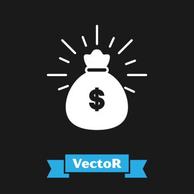 Beyaz Para çanta simgesi siyah arka plan üzerinde izole. Dolar veya Usd sembolü. Nakit Bankacılık para birimi işareti. Vektör İllüstrasyonu