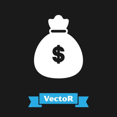 Beyaz Para çanta simgesi siyah arka plan üzerinde izole. Dolar veya Usd sembolü. Nakit Bankacılık para birimi işareti. Vektör İllüstrasyonu